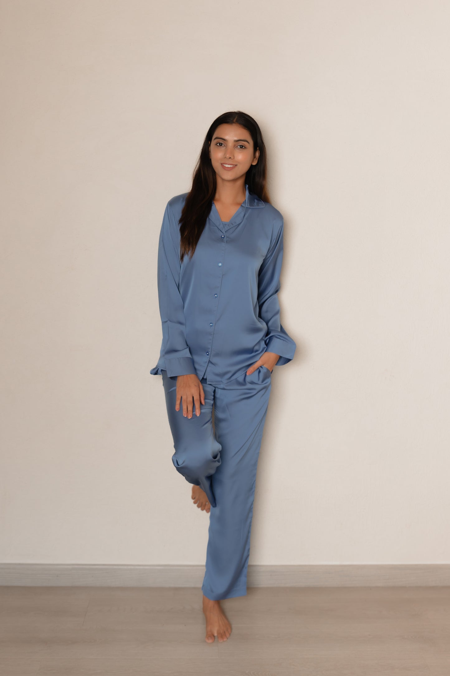 Yale Blue Luxe Satin PJ Set House of Comfort
