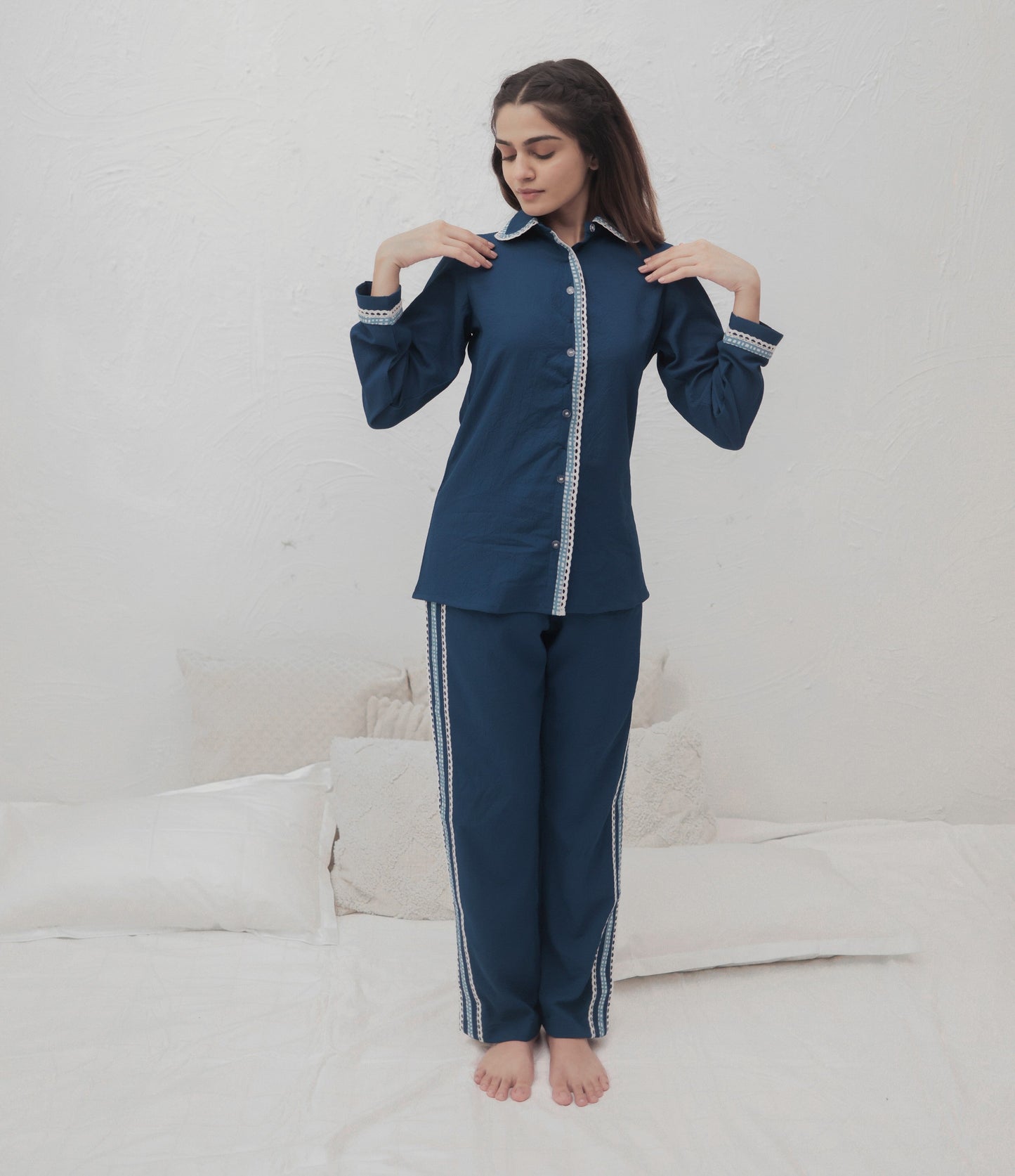 Deep Sea Blue Textured PJ Set House of Comfort