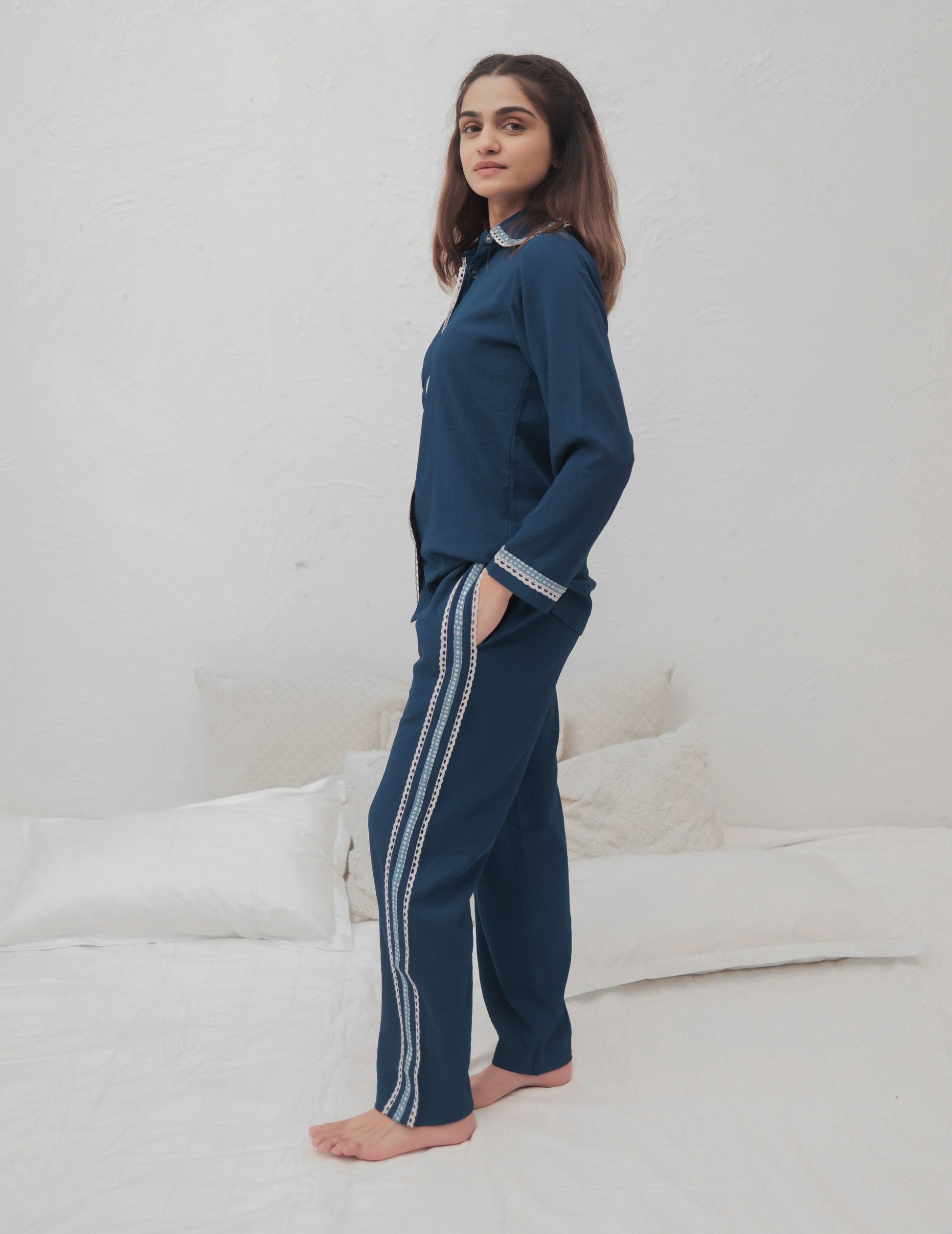 Deep Sea Blue Textured PJ Set House of Comfort