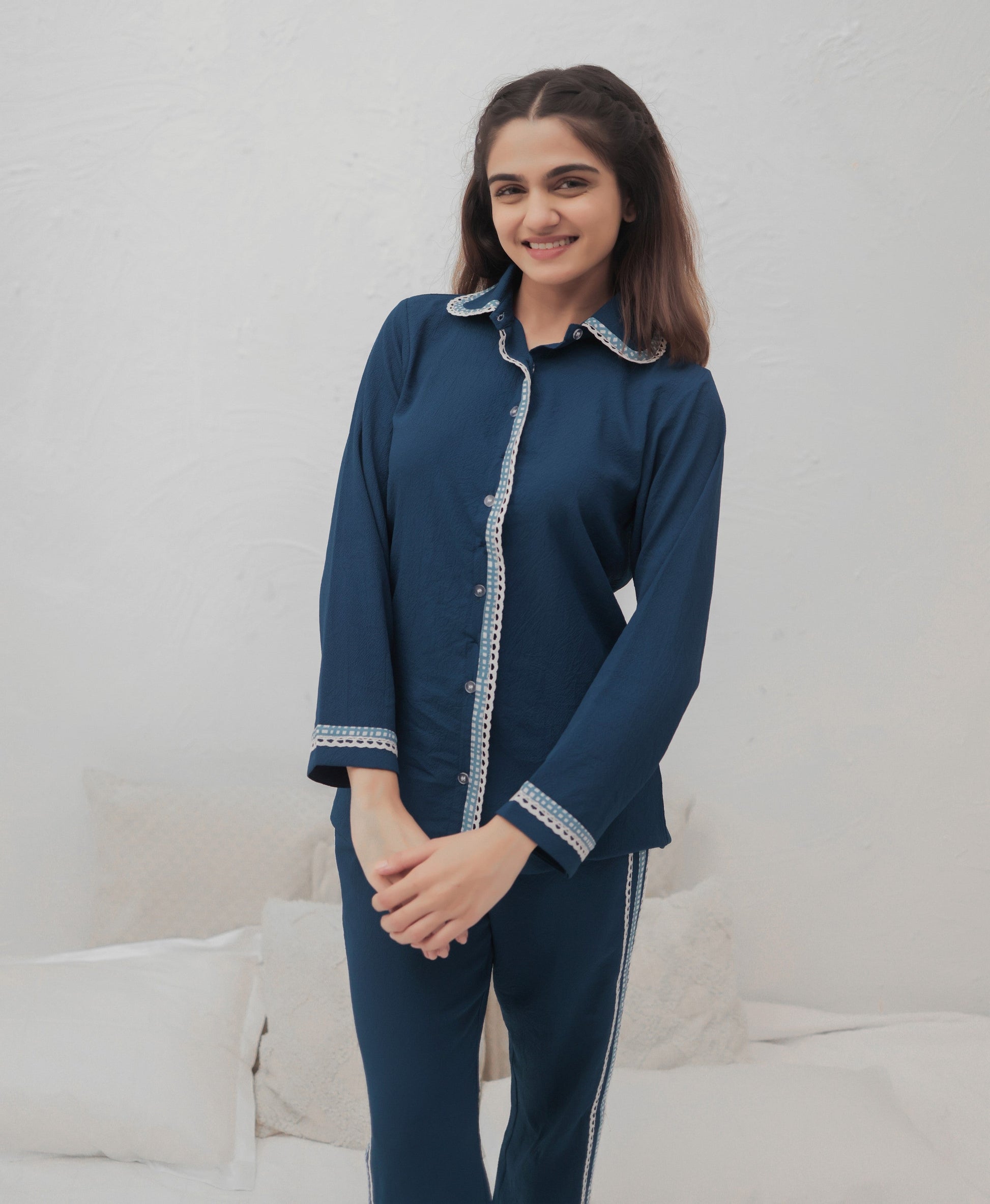 Deep Sea Blue Textured PJ Set House of Comfort
