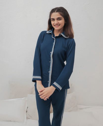 Deep Sea Blue Textured PJ Set House of Comfort