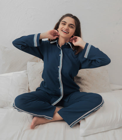 Deep Sea Blue Textured PJ Set House of Comfort