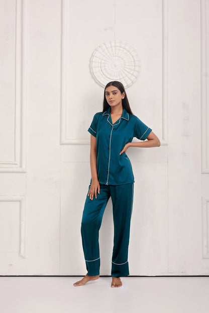 Midnight Green Luxe Satin PJ Set House of Comfort