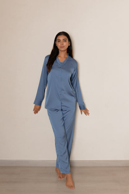 Yale Blue Luxe Satin PJ Set House of Comfort